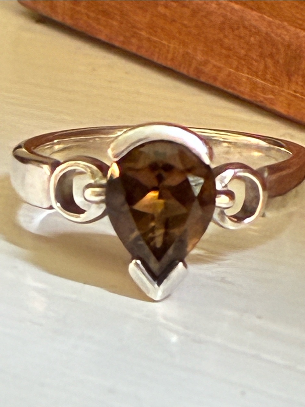 Sterling Silver Ring with Pear-Cut Smoky Brown Stone